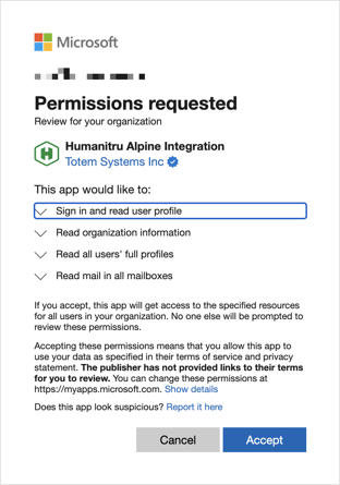 Microsoft Integration Permissions Screen